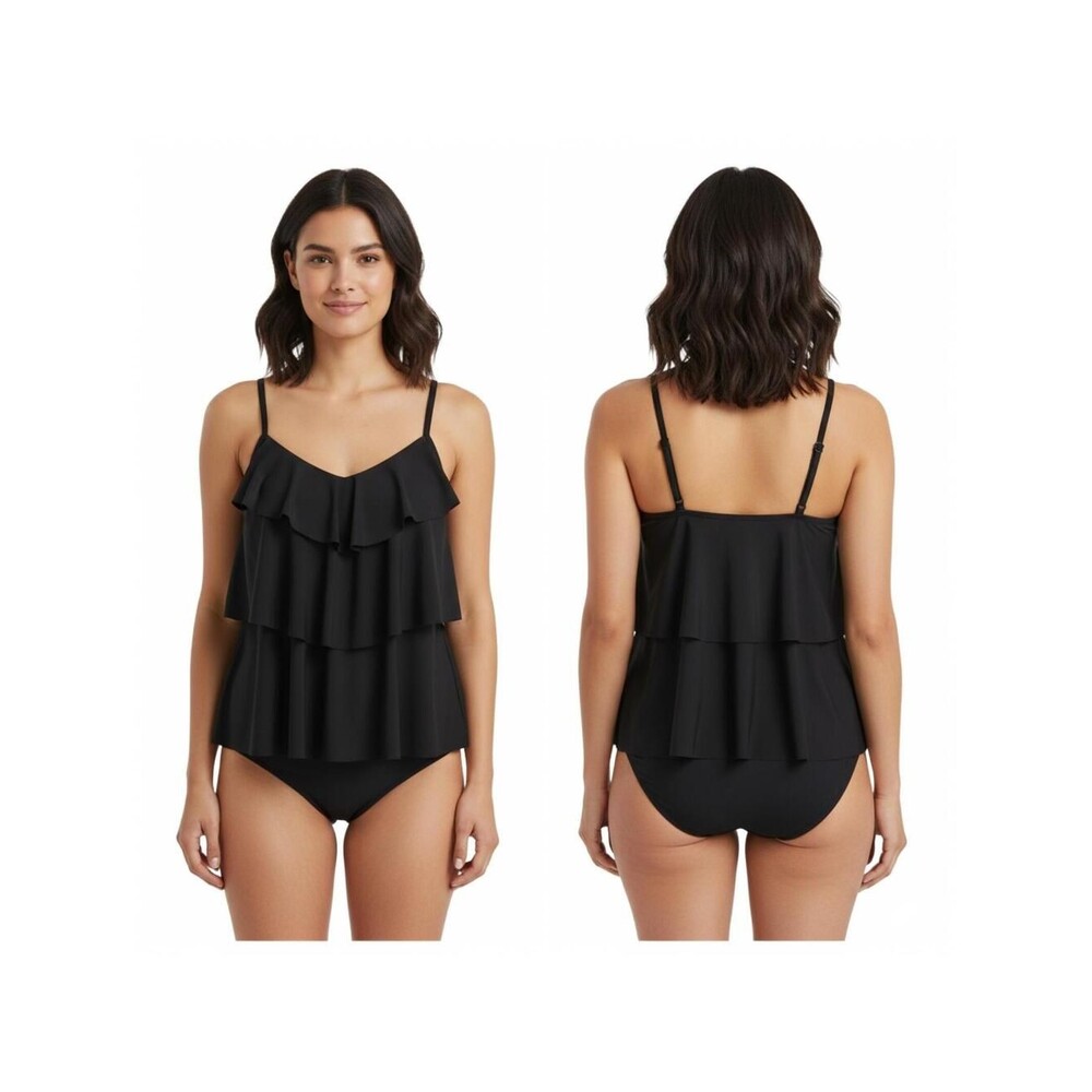 Aqua Green Tiered Ruffle Swim Tankini Top Black Adjustable Straps